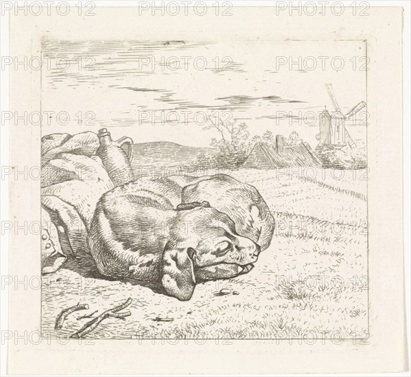 Sleeping dog with windmill in the background, Wouter Johannes van Troostwijk, 1792 - 1810