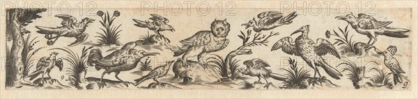 Frieze featuring eleven birds, at the left end is a tree, Hans Collaert (I), Claes Jansz. Visscher (II), 1631