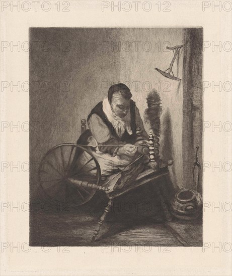 A spinning woman, print maker: Willem Steelink II, Nicolaes Maes, 1866 - 1928