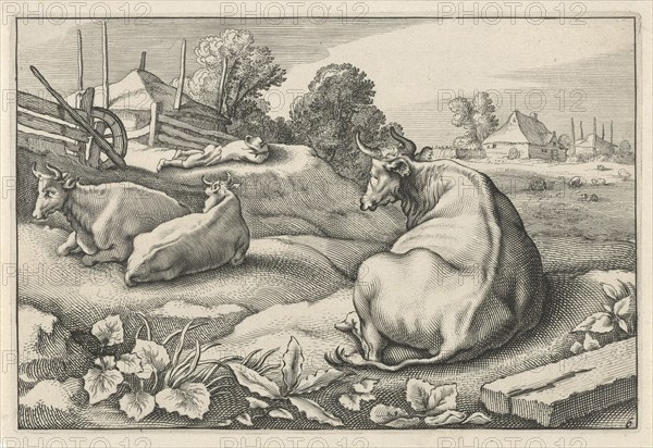 Pasture with three reclining cows, Reinier van Persijn, Jacob Gerritsz Cuyp, Nicolaes Visscher (I), 1641