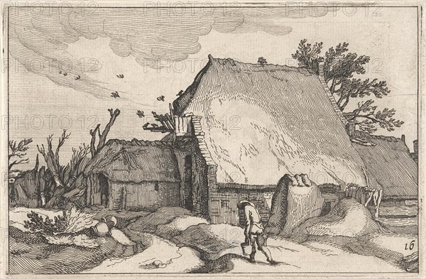 Farm and man with two buckets, Claes Jansz. Visscher II, Abraham Bloemaert, Boetius Adamsz. Bolswert, 1620