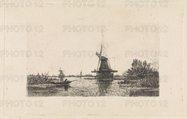 Landscape with windmills and a rowboat, The Netherlands, Elias Stark, 1886