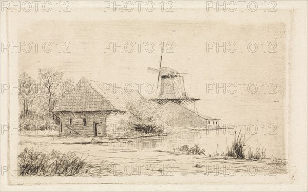 Barn and windmill on the water, Elias Stark, 1887