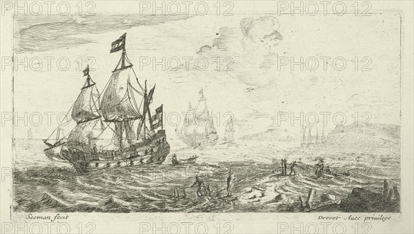 Ships before coast, print maker: Anonymous, Reinier Nooms attributed to, Pierre Drevet, 1650 - 1738