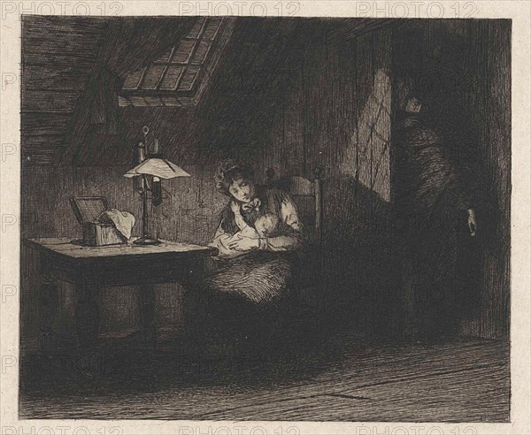 Woman with child by lamplight, Willem Steelink II, 1866-1928
