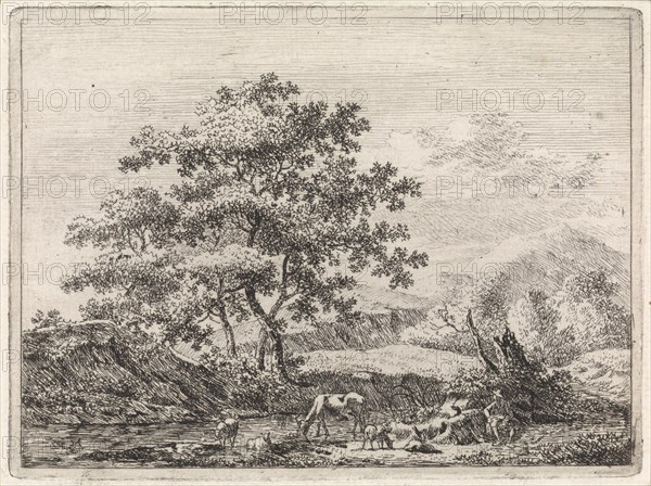 Shepherd with cattle in river, possibly Johannes Christiaan Janson, 1761-1823