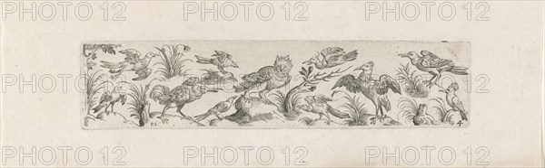Frieze with eleven birds, at the left end of the frieze is a tree, print maker: Pieter Serwouters, Hans Collaert I, Marcus Geeraerts, c. 1607