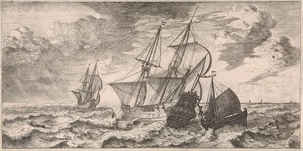 A pilot is taken at sea aboard from a pilot boat, print maker: Joost van Geel (attributed to), Dating 1665