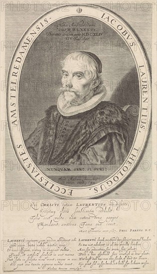 Portrait of the Amsterdam theologian Jacobus Laurentius, print maker: Theodor Matham (mentioned on object), Dating 1645