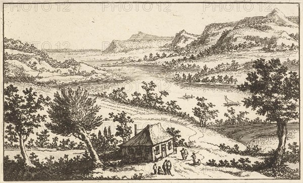 House on the banks of a river, print maker: Jan van Almeloveen, 1662 - 1683 and/or 1775 - 1785