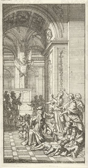 Women weep for two dying men in a palace, Christoffel Lubienitzki, 1704