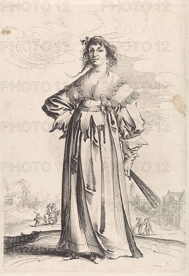 Women with a fan, print maker: Pieter Nolpe, Pieter Jansz. Quast, 1623 - 1653