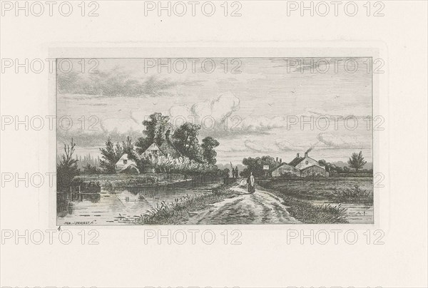 Landscape with locks, in the middle is a farmer on a country road, print maker: Jan van Lokhorst (mentioned on object), Dating 1858