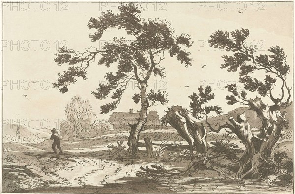 Landscape with trees along a road, on the way a traveler seen from the back, print maker: Hendrik Meijer, Dating 1789 - 1793
