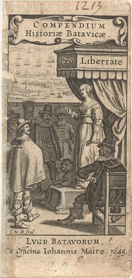 Dutch Virgin with lion on throne speaks to men from different countries, with title cartouche, Cornelis van Dalen I, Joannes Maire, 1645