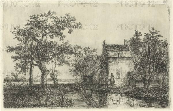 Woman with a basket for a farm house near the water, Hermanus Jan Hendrik van Rijkelijkhuysen, 1857