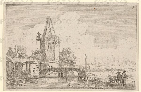 Landscape with a tower and a bridge over River Niers, Jan van de Velde (II), 1616