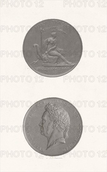 The front and back of a coin to commemorate the 25th anniversary of king William I, the portrait of Frederick William I, King of the Netherlands, print maker: Jan Dam Steuerwald (mentioned on object), Dating 1838 - 1840