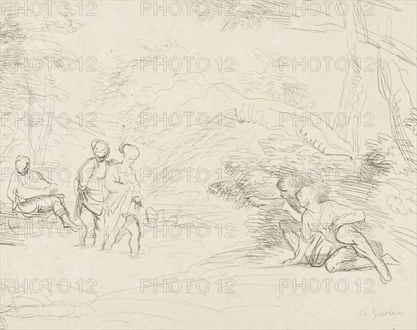 Bathing women by men spied, print maker: Charles Joseph Emmanuel de Ligne, Guercino, 1774 - 1792