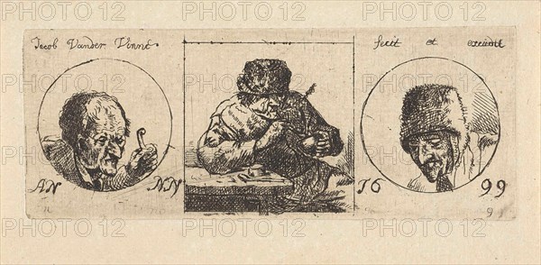 In the middle a smoker, right the head of a man with fur hat, left the head of a man holding in his hand a stick, print maker: Jacob Laurensz. van der Vinne (mentioned on object), Dating 1699