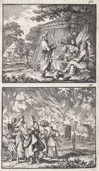 Abraham receives the three angels, Lot leaves Sodom, print maker: Jan Luyken, Barent Visscher, Andries van Damme, 1698