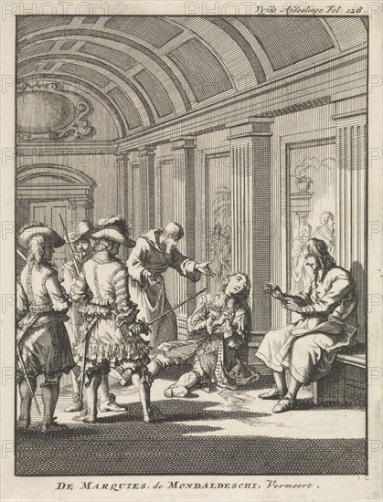 Marquis Giovanni Monaldeschi murdered in the palace of Fontainebleau, 1657, Jan Luyken, Jan Claesz ten Hoorn, 1698