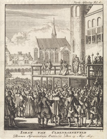 Johan van Barneveld kneels on the scaffold for his beheading, 1619, Jan Luyken, Jan Claesz ten Hoorn, 1698