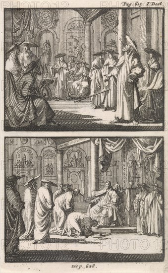 Cardinal Montalto stands up after being elected as pope and throws away his stick, Cardinals kiss the feet of Pope Sixtus V., Jan Luyken, Janssonius van Waesberge, weduwe Steven Swart, 1697