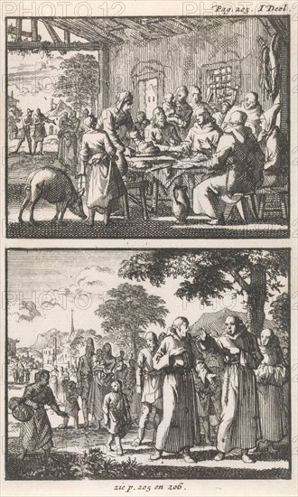 Father Montalto visits his ancestral home in Grotte, Father Montalto in conversation with Father Caputti, print maker: Jan Luyken, Janssonius van Waesberge, weduwe Steven Swart, 1697