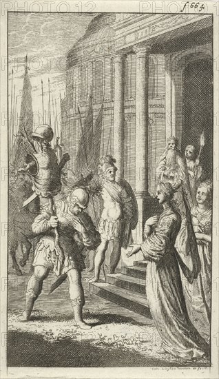 Poliarchus meets Queen Hyanisbe after his victory over Radirobanes, Jan Luyken, 1680