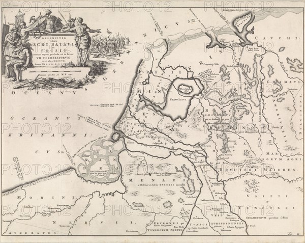 Historical map of the Netherlands at the time of the Batavians and Frisians II, Jan Luyken, Henricus Wetstein, 1697