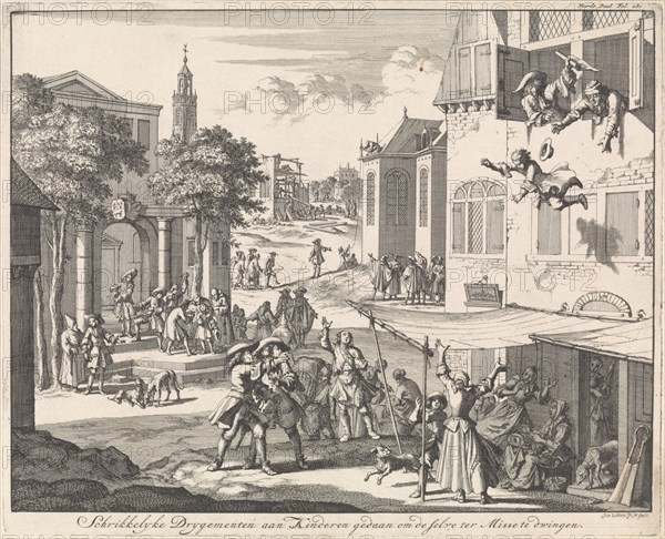 Child is thrown out of the window because it refuses to serve Mass, Jan Luyken, 1696