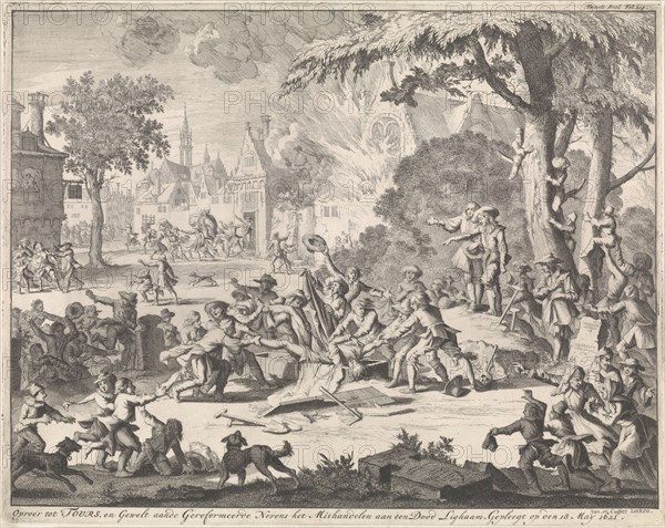Riot at Tours where the corpse of a Protestant is mistreated, France 1621, Jan Luyken, Caspar Luyken, Jan Claesz ten Hoorn, 1696