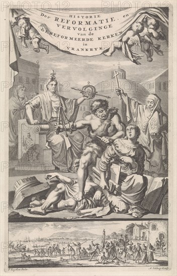 Gallia and the French Catholic Church watch how the Reformed Church is lashed, Adriaen Haelwegh, Jan Luyken, Jan Claesz ten Hoorn, 1696