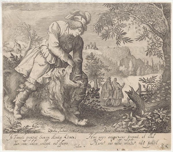 Samson and the lion, Pieter Serwouters, Claes Jansz. Visscher II, Richard Lubbaeus, 1608