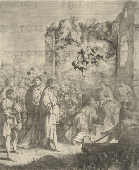 Adoration of the Magi, print maker: Jan Gerritsz. van Bronchorst, Cornelis van Poelenburch, 1613 - 1661