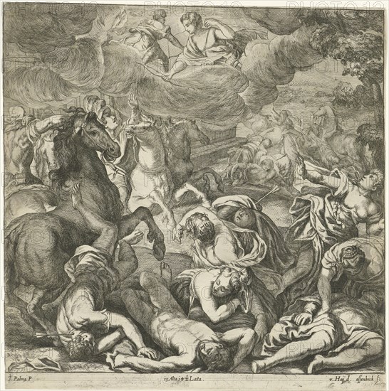 Apollo and Diana kill the children of Niobe, print maker: Jan van Ossenbeeck, Nikolaas van Hoy, Jacopo Palma, in or after 1660