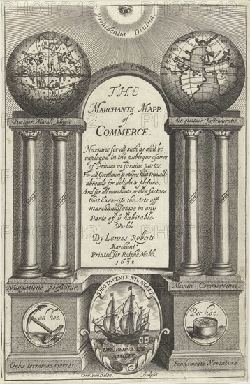 Seeing eye looks down on architecture awarded with world globe and celestial globe on pillars on either side of title, Cornelis van Dalen I, Ralph Mabb, 1638