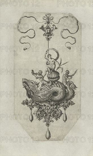 Pendant with dragon with a double shell on his back, print maker: Adriaen Collaert, Hans Collaert I, Philips Galle, 1582