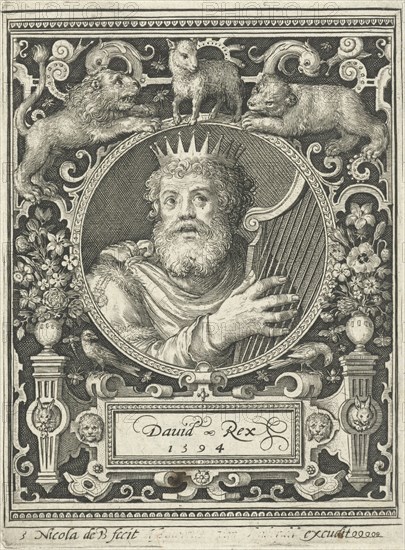Portrait of King David in medallion inside rectangular frame with ornaments, Nicolaes de Bruyn, Anonymous, 1594