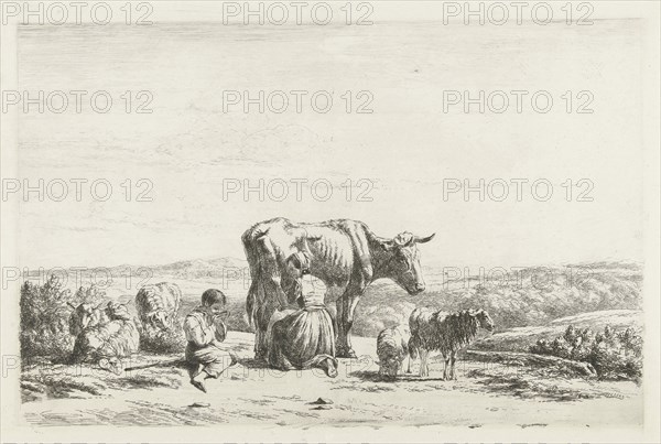 Landscape with Woman milking cow and boy with sheep, Simon van den Berg, 1822 - 1899