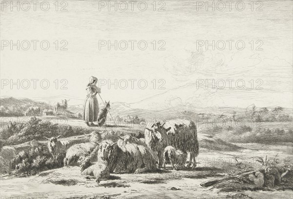 Landscape with shepherd and dog with flock of sheep, Simon van den Berg, 1822-1899