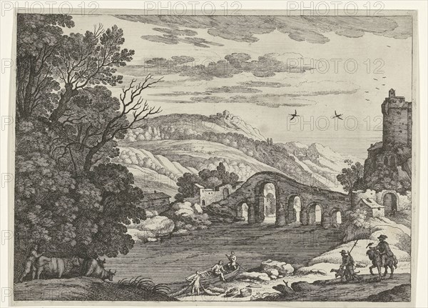 A hilly landscape is crossed by a river, over the river a stone bridge with five arches, on the shore is a rowing boat with two men, a third man is working on a fishing net, hunters and a shepherd on the path along the river, print maker: Willem van Nieulandt (II), Dating 1594 - 1635