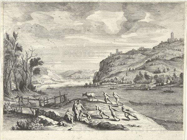 Italian landscape with fishermen, print maker: Willem van de Lande, Adriaen van Nieulandt I, c. 1635 - c. 1650