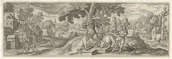 The prodigal son as a swineherd, Julius Goltzius, Hans Bol, Claes Jansz. Visscher (II), c. 1560 - 1595