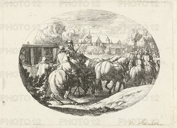 Army and carriages go to a city, Jan van Huchtenburg, Adam Frans van der Meulen, 1674 - 1733