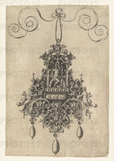Hanger with armored seated deity, print maker: Anonymous, Hans Collaert I, Philips Galle, 1581