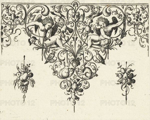 Ornament featuring two cherubs, Michiel le Blon, Anonymous, Balthasar Caymox, after 1611-1635