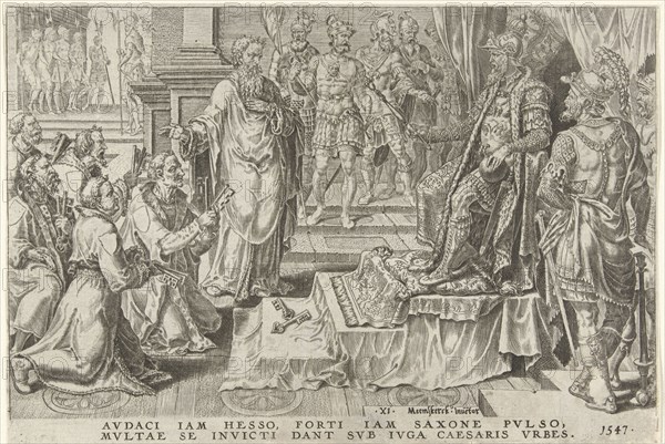 Submission of six German cities, 1547, print maker: Dirck Volckertsz Coornhert, Maarten van Heemskerck, weduwe Hieronymus Cock possibly, 1555 - 1556 and or 1570 - 1640