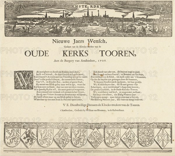 Nieuwejaers Wensch, Gedaen of Klocke-luyders van de Oude Kerk Tooren, Aen de Burgery van Amsterdam, 1708, The Netherlands, Anonymous, Christoffel van Sichem (I), Cornelis Anthonisz., 1707 - 1708